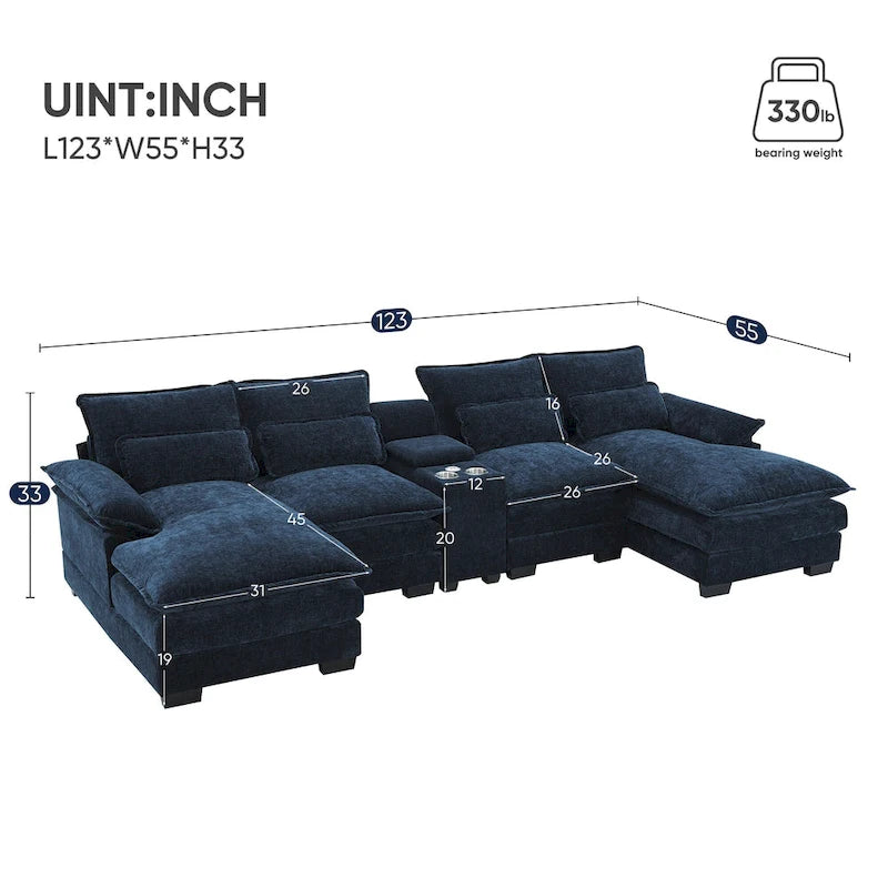 Divano componibile a U blu/bianco con doppia chaise longue, console, porta bicchieri e porte USB – Posti a sedere 4–6