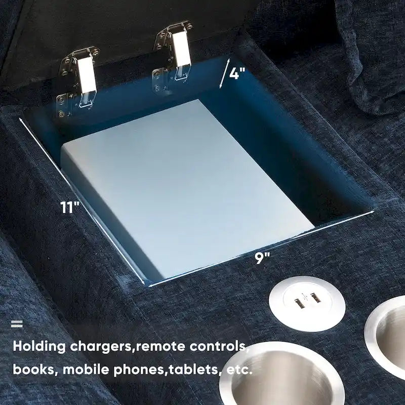 Divano componibile a U blu/bianco con doppia chaise longue, console, porta bicchieri e porte USB – Posti a sedere 4–6