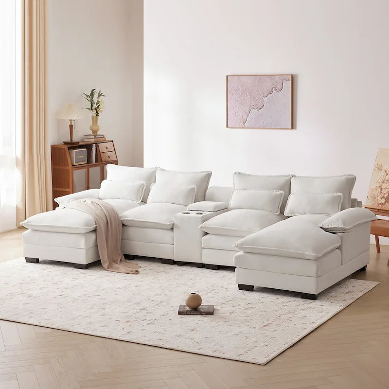 Divano componibile a U blu/bianco con doppia chaise longue, console, porta bicchieri e porte USB – Posti a sedere 4–6