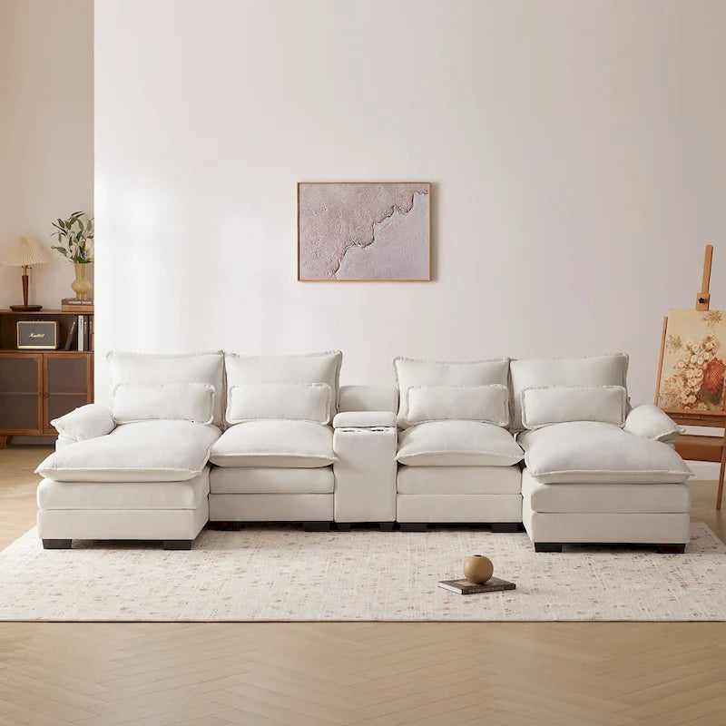 Divano componibile a U blu/bianco con doppia chaise longue, console, porta bicchieri e porte USB – Posti a sedere 4–6
