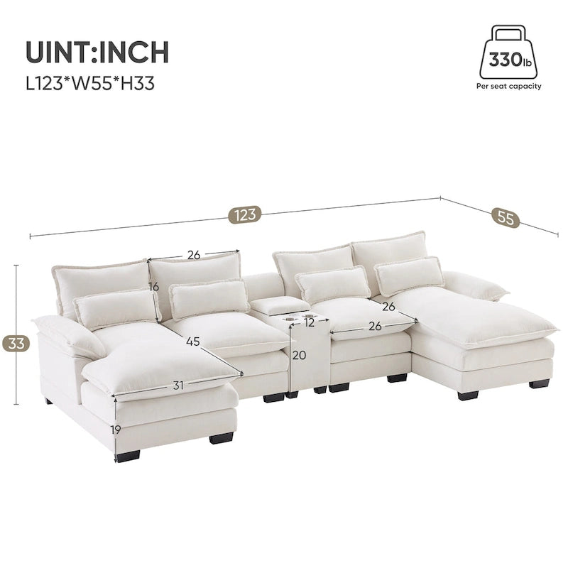 Divano componibile a U blu/bianco con doppia chaise longue, console, porta bicchieri e porte USB – Posti a sedere 4–6