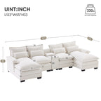 Divano componibile a U blu/bianco con doppia chaise longue, console, porta bicchieri e porte USB – Posti a sedere 4–6