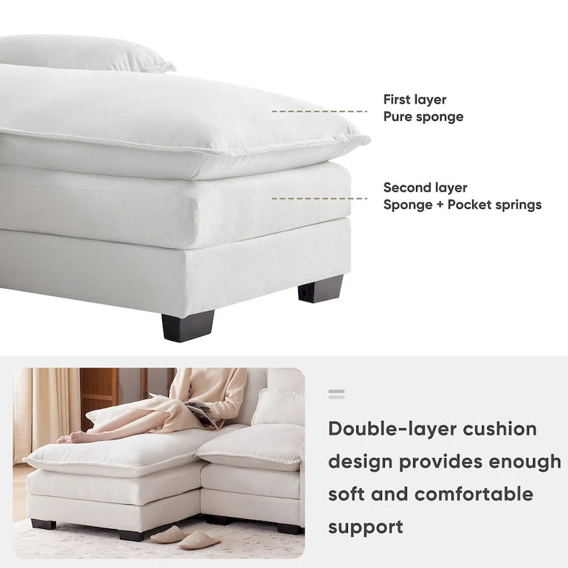Divano componibile a U blu/bianco con doppia chaise longue, console, porta bicchieri e porte USB – Posti a sedere 4–6
