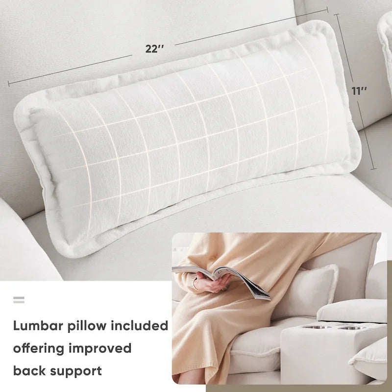 Divano componibile a U blu/bianco con doppia chaise longue, console, porta bicchieri e porte USB – Posti a sedere 4–6