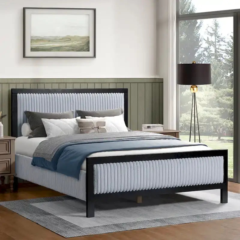 Letto con piattaforma imbottito grigio e nero con testiera – Queen/King, per 2 persone