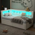 Divano letto in lino bianco/rosa con illuminazione a LED e porte USB, singolo/matrimoniale, 2 posti letto