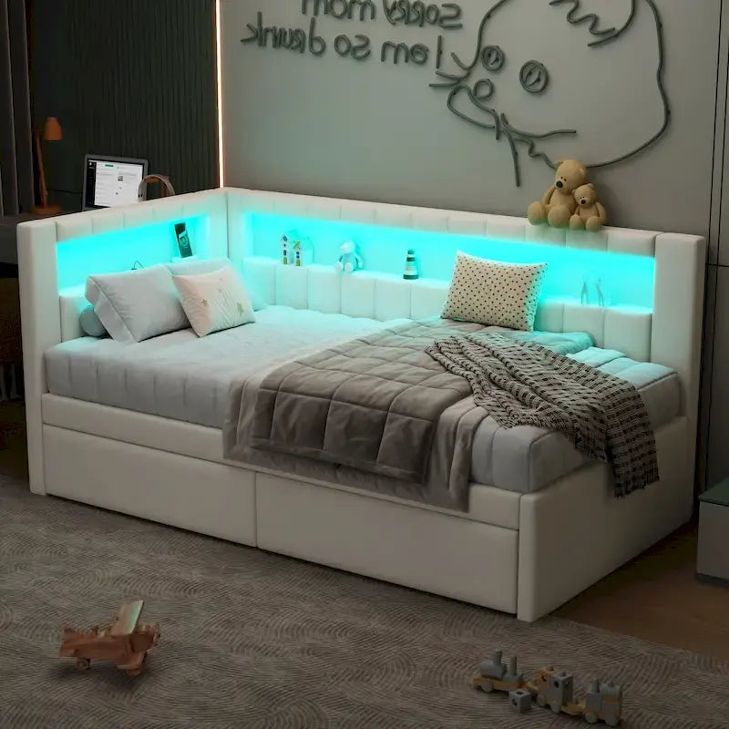 Divano letto in lino bianco/rosa con illuminazione a LED e porte USB, singolo/matrimoniale, 2 posti letto