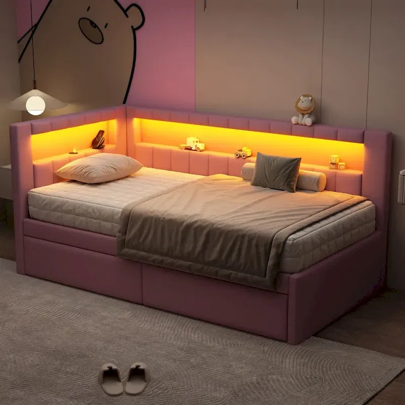 Divano letto in lino bianco/rosa con illuminazione a LED e porte USB, singolo/matrimoniale, 2 posti letto