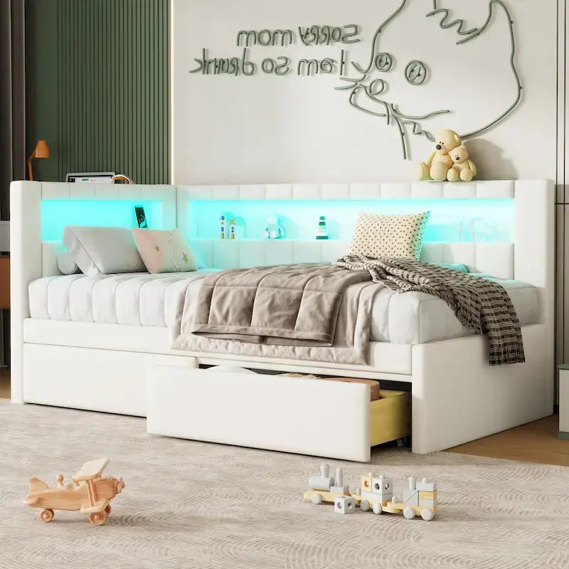 Divano letto in lino bianco/rosa con illuminazione a LED e porte USB, singolo/matrimoniale, 2 posti letto