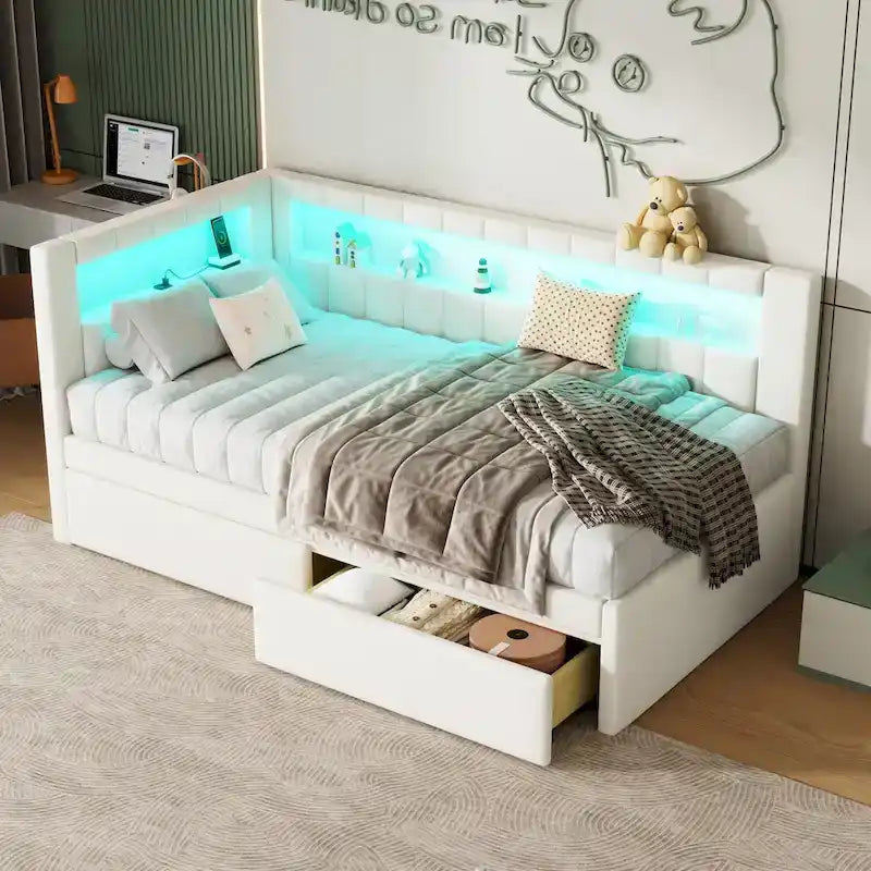 Divano letto in lino bianco/rosa con illuminazione a LED e porte USB, singolo/matrimoniale, 2 posti letto