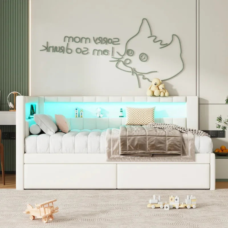 Divano letto in lino bianco/rosa con illuminazione a LED e porte USB, singolo/matrimoniale, 2 posti letto