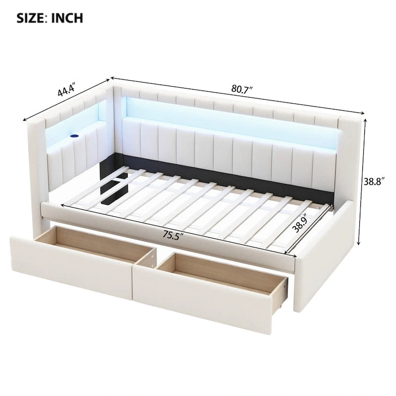Divano letto in lino bianco/rosa con illuminazione a LED e porte USB, singolo/matrimoniale, 2 posti letto