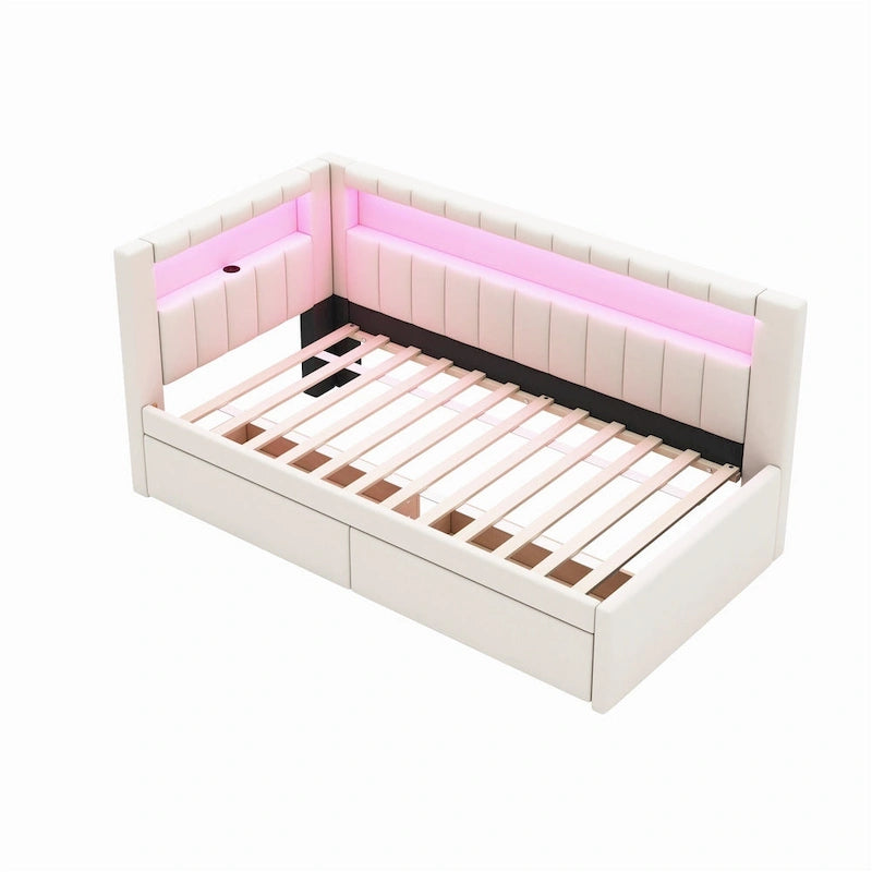 Divano letto in lino bianco/rosa con illuminazione a LED e porte USB, singolo/matrimoniale, 2 posti letto