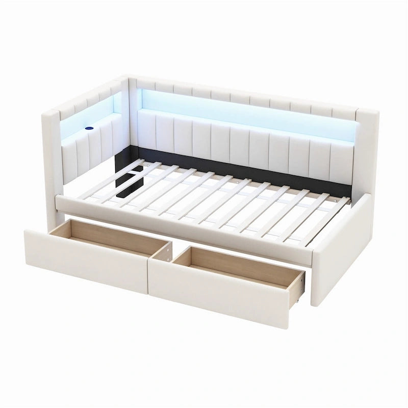 Divano letto in lino bianco/rosa con illuminazione a LED e porte USB, singolo/matrimoniale, 2 posti letto