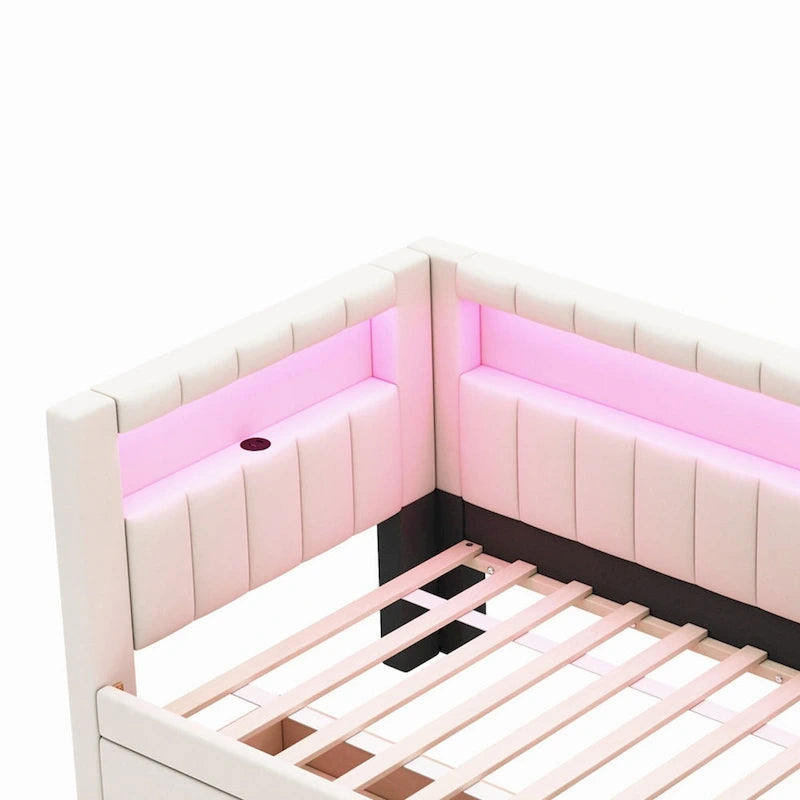 Divano letto in lino bianco/rosa con illuminazione a LED e porte USB, singolo/matrimoniale, 2 posti letto