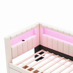 Divano letto in lino bianco/rosa con illuminazione a LED e porte USB, singolo/matrimoniale, 2 posti letto