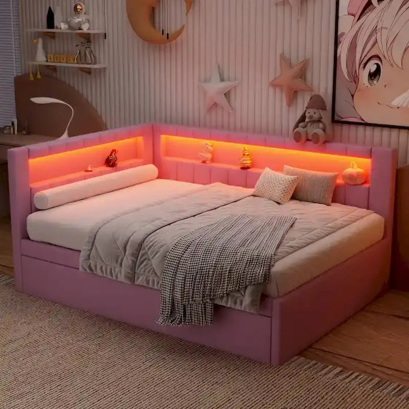 Divano letto in lino bianco/rosa con illuminazione a LED e porte USB, singolo/matrimoniale, 2 posti letto
