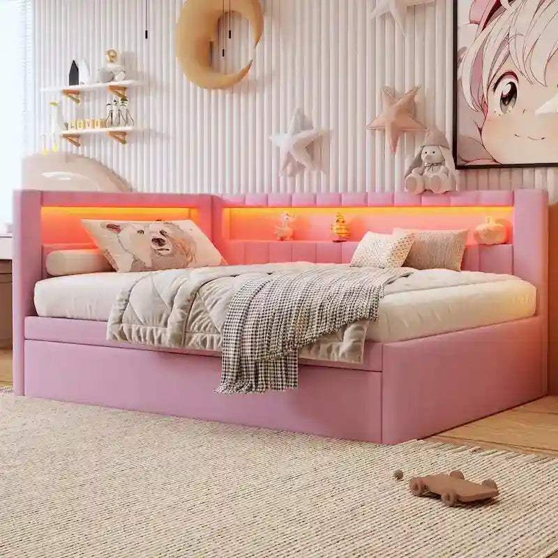 Divano letto in lino bianco/rosa con illuminazione a LED e porte USB, singolo/matrimoniale, 2 posti letto
