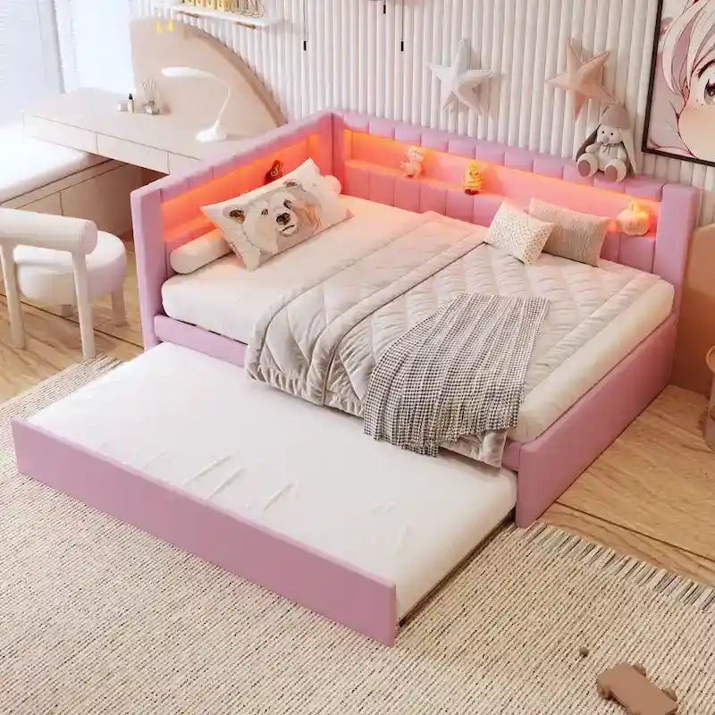 Divano letto in lino bianco/rosa con illuminazione a LED e porte USB, singolo/matrimoniale, 2 posti letto