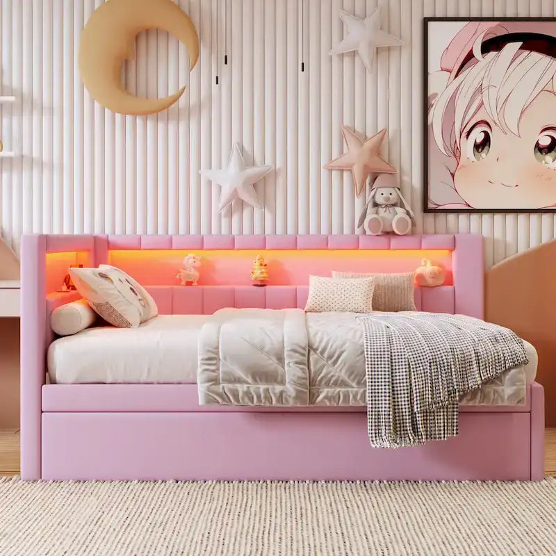 Divano letto in lino bianco/rosa con illuminazione a LED e porte USB, singolo/matrimoniale, 2 posti letto