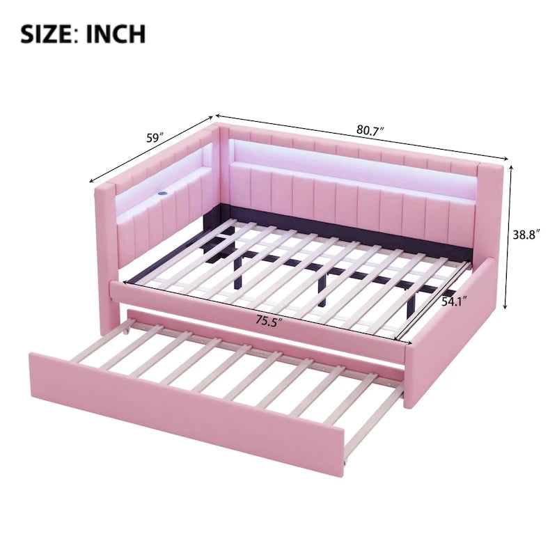 Divano letto in lino bianco/rosa con illuminazione a LED e porte USB, singolo/matrimoniale, 2 posti letto