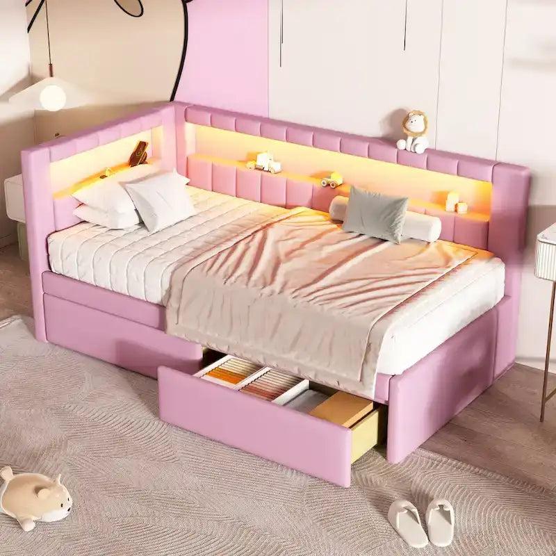 Divano letto in lino bianco/rosa con illuminazione a LED e porte USB, singolo/matrimoniale, 2 posti letto