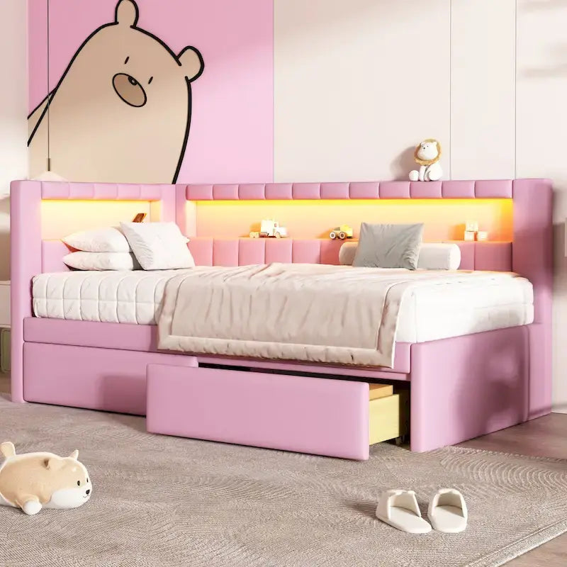 Divano letto in lino bianco/rosa con illuminazione a LED e porte USB, singolo/matrimoniale, 2 posti letto