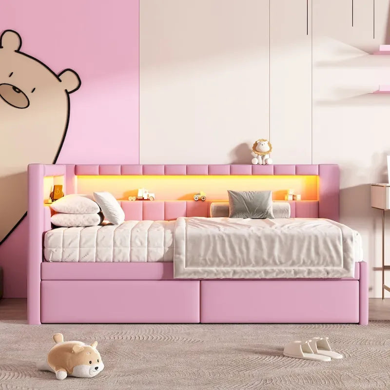 Divano letto in lino bianco/rosa con illuminazione a LED e porte USB, singolo/matrimoniale, 2 posti letto