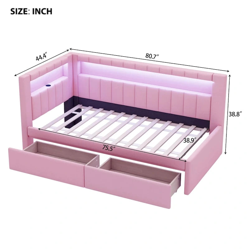 Divano letto in lino bianco/rosa con illuminazione a LED e porte USB, singolo/matrimoniale, 2 posti letto