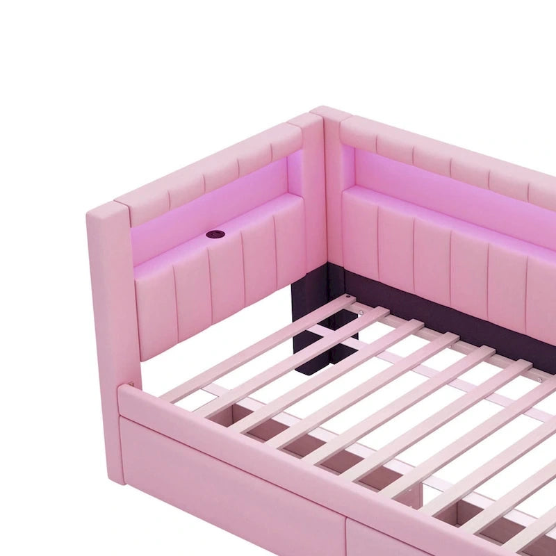 Divano letto in lino bianco/rosa con illuminazione a LED e porte USB, singolo/matrimoniale, 2 posti letto