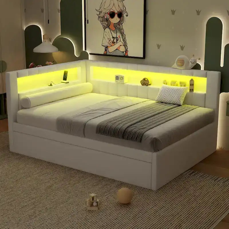 Divano letto in lino bianco/rosa con illuminazione a LED e porte USB, singolo/matrimoniale, 2 posti letto