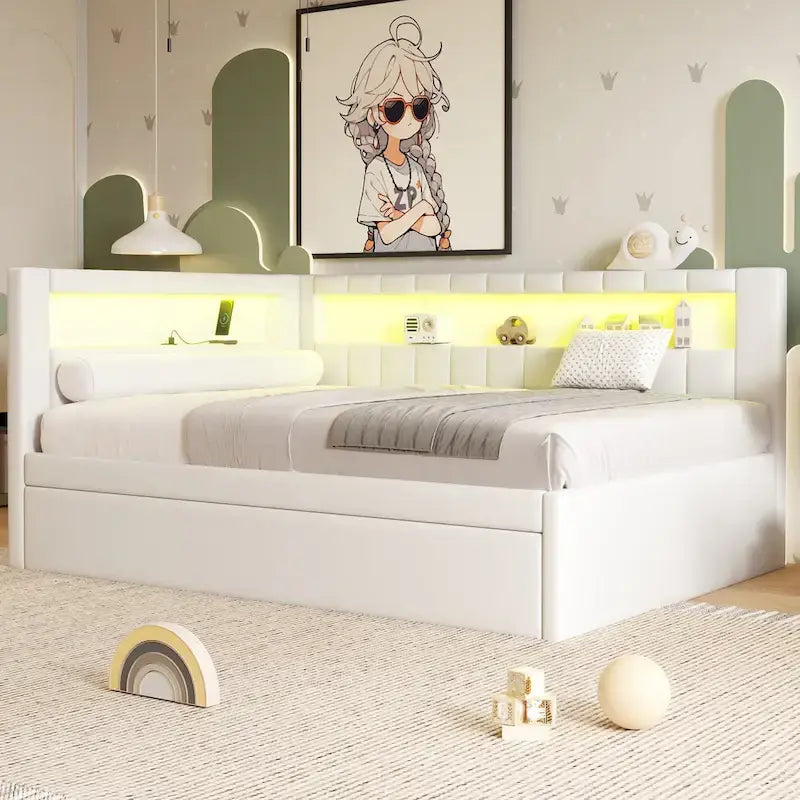 Divano letto in lino bianco/rosa con illuminazione a LED e porte USB, singolo/matrimoniale, 2 posti letto