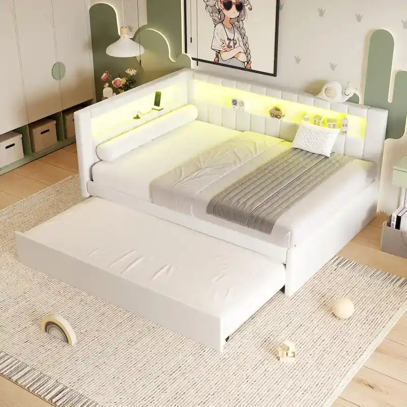 Divano letto in lino bianco/rosa con illuminazione a LED e porte USB, singolo/matrimoniale, 2 posti letto
