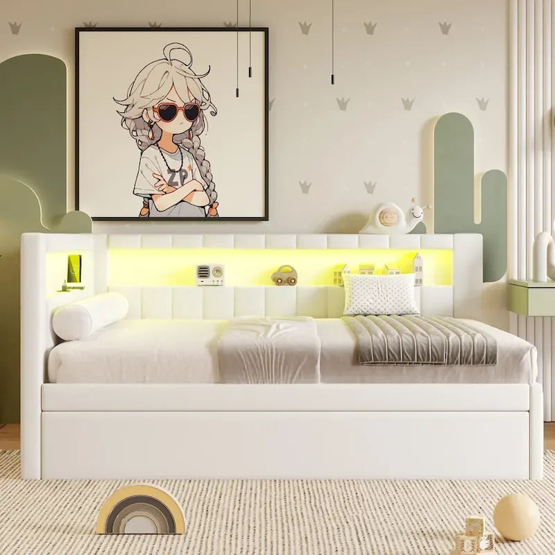 Divano letto in lino bianco/rosa con illuminazione a LED e porte USB, singolo/matrimoniale, 2 posti letto