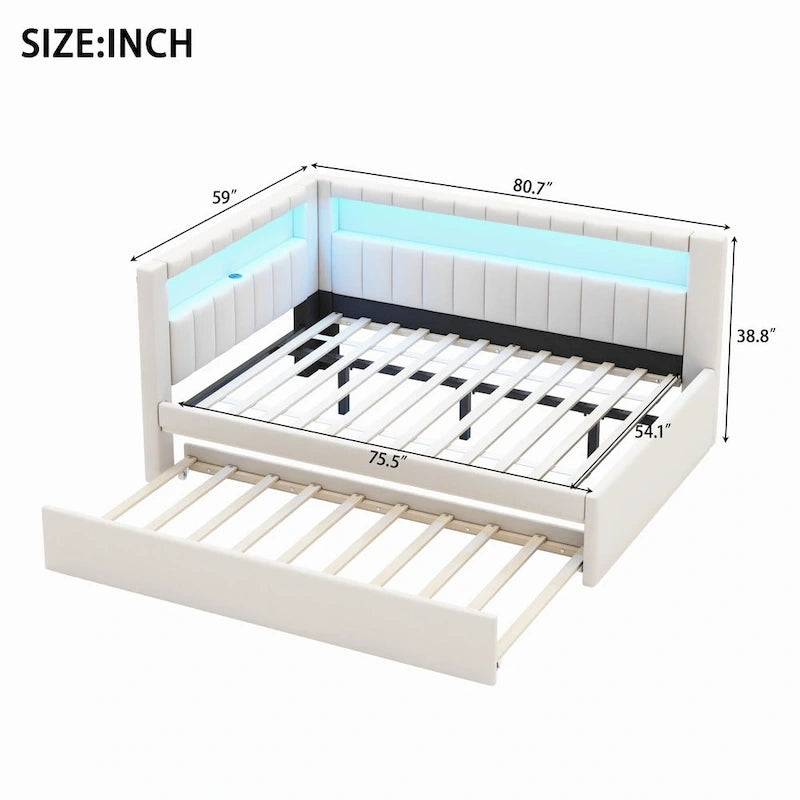 Divano letto in lino bianco/rosa con illuminazione a LED e porte USB, singolo/matrimoniale, 2 posti letto