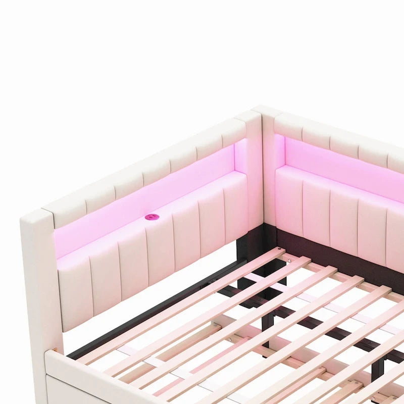 Divano letto in lino bianco/rosa con illuminazione a LED e porte USB, singolo/matrimoniale, 2 posti letto
