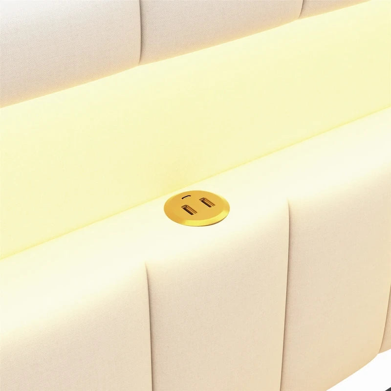 Divano letto in lino bianco/rosa con illuminazione a LED e porte USB, singolo/matrimoniale, 2 posti letto
