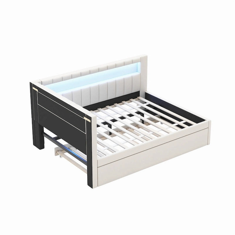 Divano letto in lino bianco/rosa con illuminazione a LED e porte USB, singolo/matrimoniale, 2 posti letto