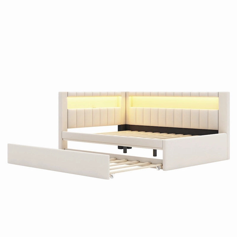 Divano letto in lino bianco/rosa con illuminazione a LED e porte USB, singolo/matrimoniale, 2 posti letto