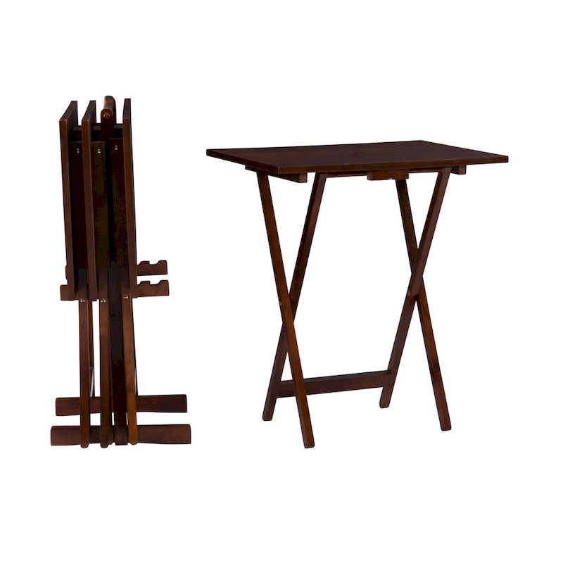 Set di tavoli vassoio pieghevoli color nocciola, 5 pezzi (per 4 persone)