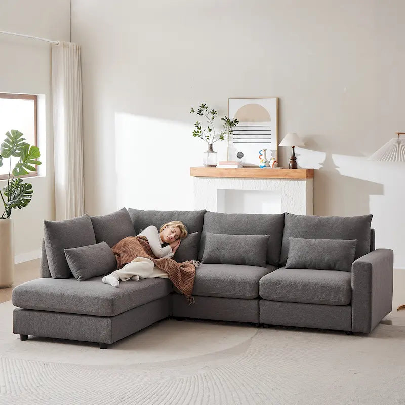 Divano Sezionale a L in Lino Grigio/Beige/Nero con Pouf, 4 Posti