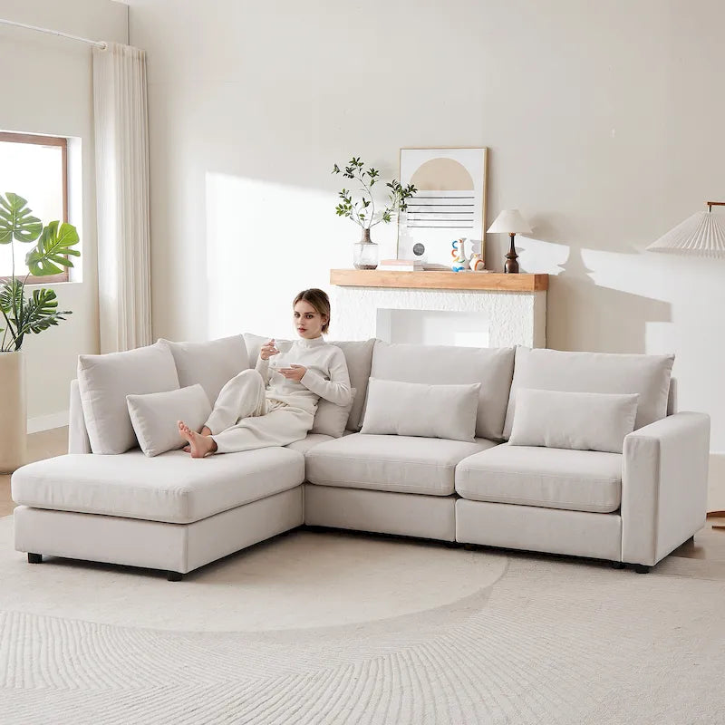 Divano Sezionale a L in Lino Grigio/Beige/Nero con Pouf, 4 Posti