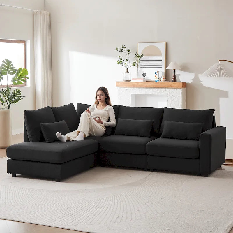 Divano Sezionale a L in Lino Grigio/Beige/Nero con Pouf, 4 Posti