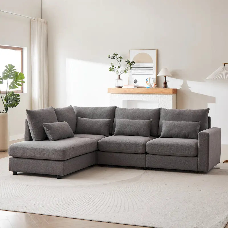Divano Sezionale a L in Lino Grigio/Beige/Nero con Pouf, 4 Posti