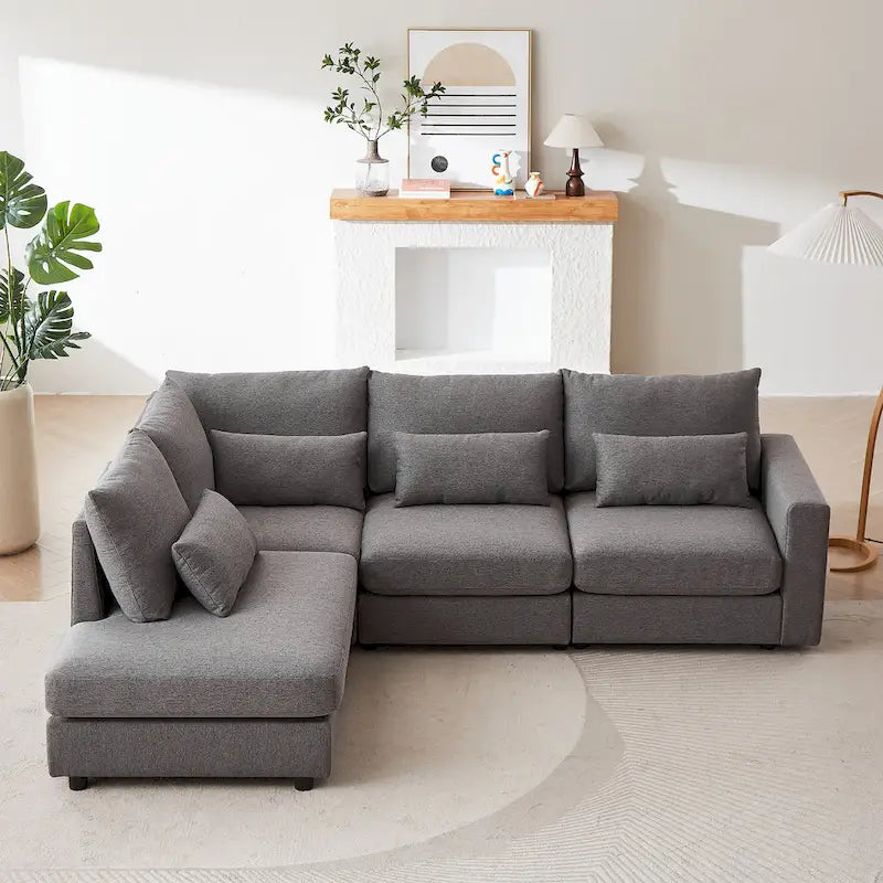Divano Sezionale a L in Lino Grigio/Beige/Nero con Pouf, 4 Posti