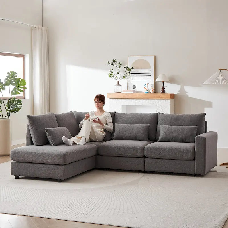 Divano Sezionale a L in Lino Grigio/Beige/Nero con Pouf, 4 Posti