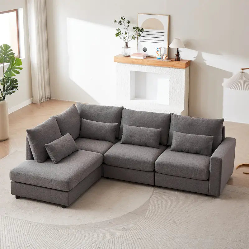 Divano Sezionale a L in Lino Grigio/Beige/Nero con Pouf, 4 Posti