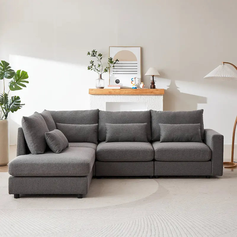 Divano Sezionale a L in Lino Grigio/Beige/Nero con Pouf, 4 Posti