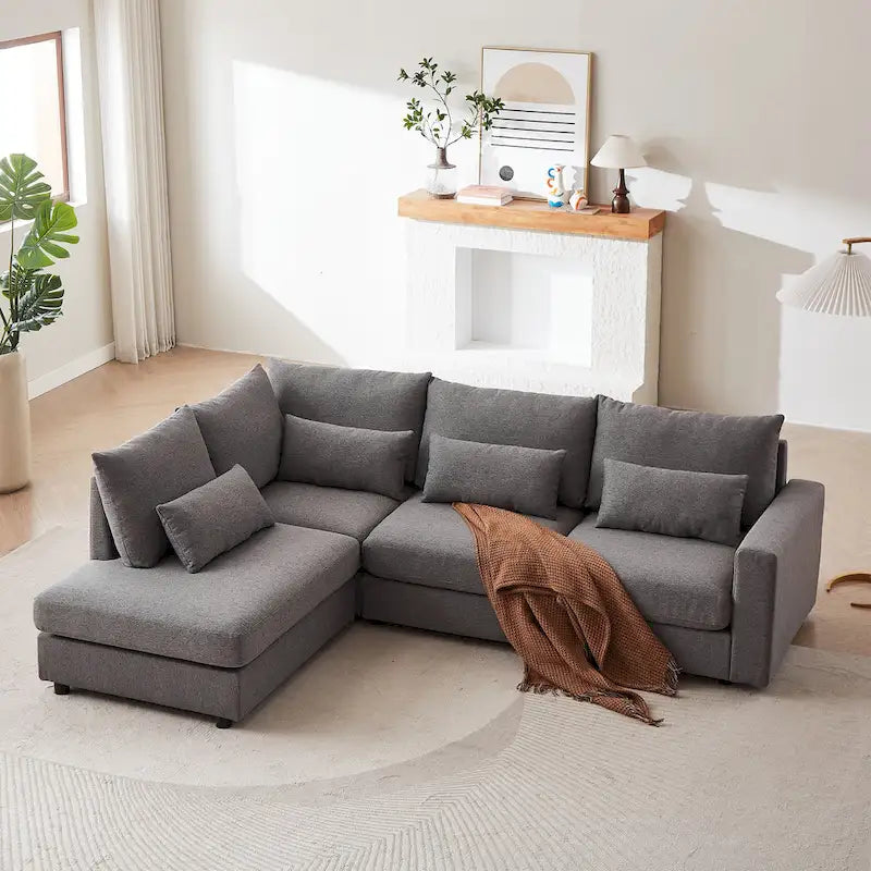 Divano Sezionale a L in Lino Grigio/Beige/Nero con Pouf, 4 Posti