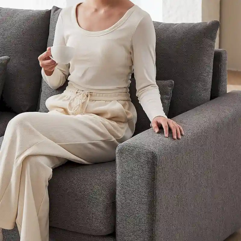 Divano Sezionale a L in Lino Grigio/Beige/Nero con Pouf, 4 Posti